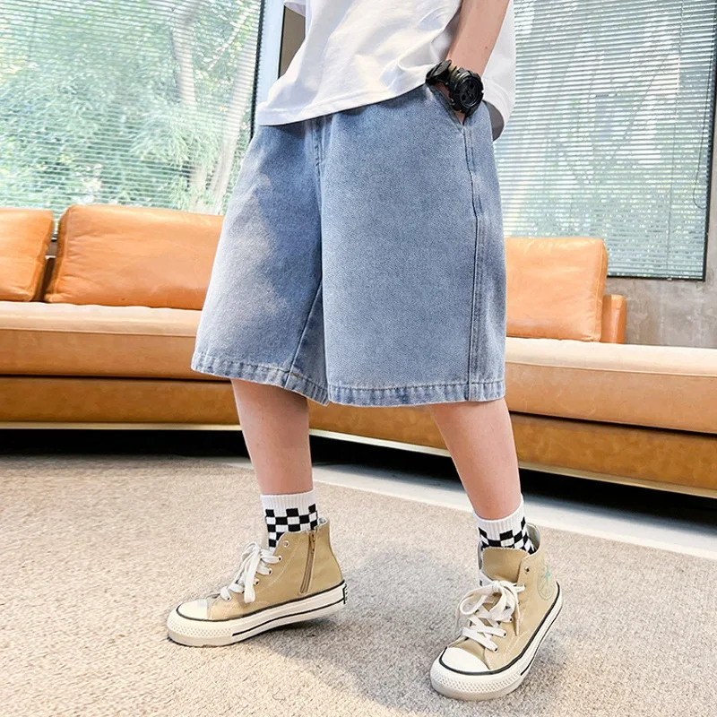 Teen Boys Denim Shorts 2026 New Summer Children Loose Wide Leg Knee Length Jean Pants Kid Casual Streetwear Elastic Waist Shorts view 3