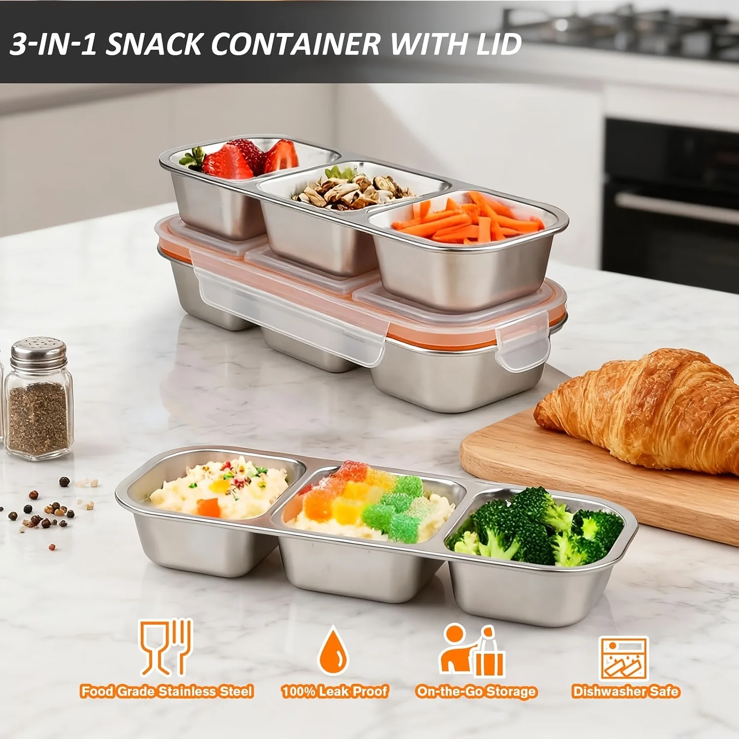 1pcs 304 Stainless Steel 2 Compartment Food Container Flip Lid Reusable Lunch Box Dishwasher Safe Picnic Salad Storage Box