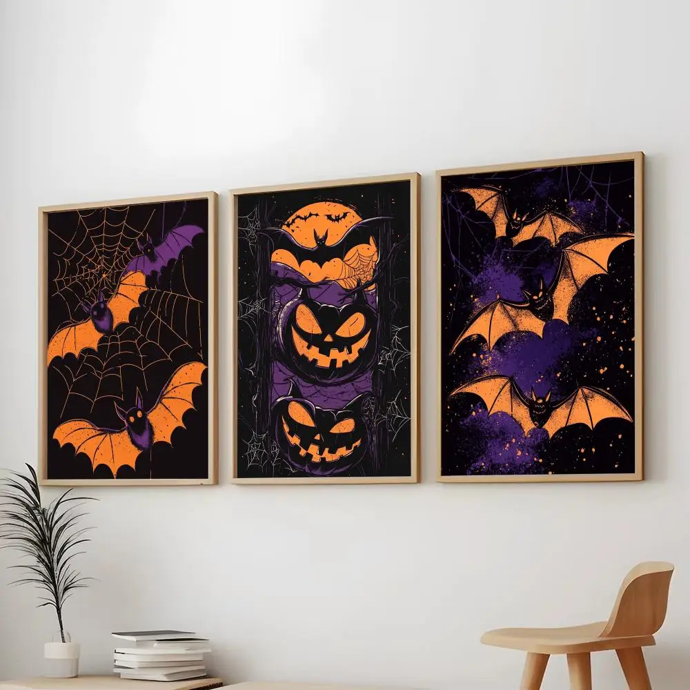 Halloween Bat and Jack O lantern Painting Calligraphy Modern Aesthetic Wall Art Print Trendy Bedroom Home Decor Gift