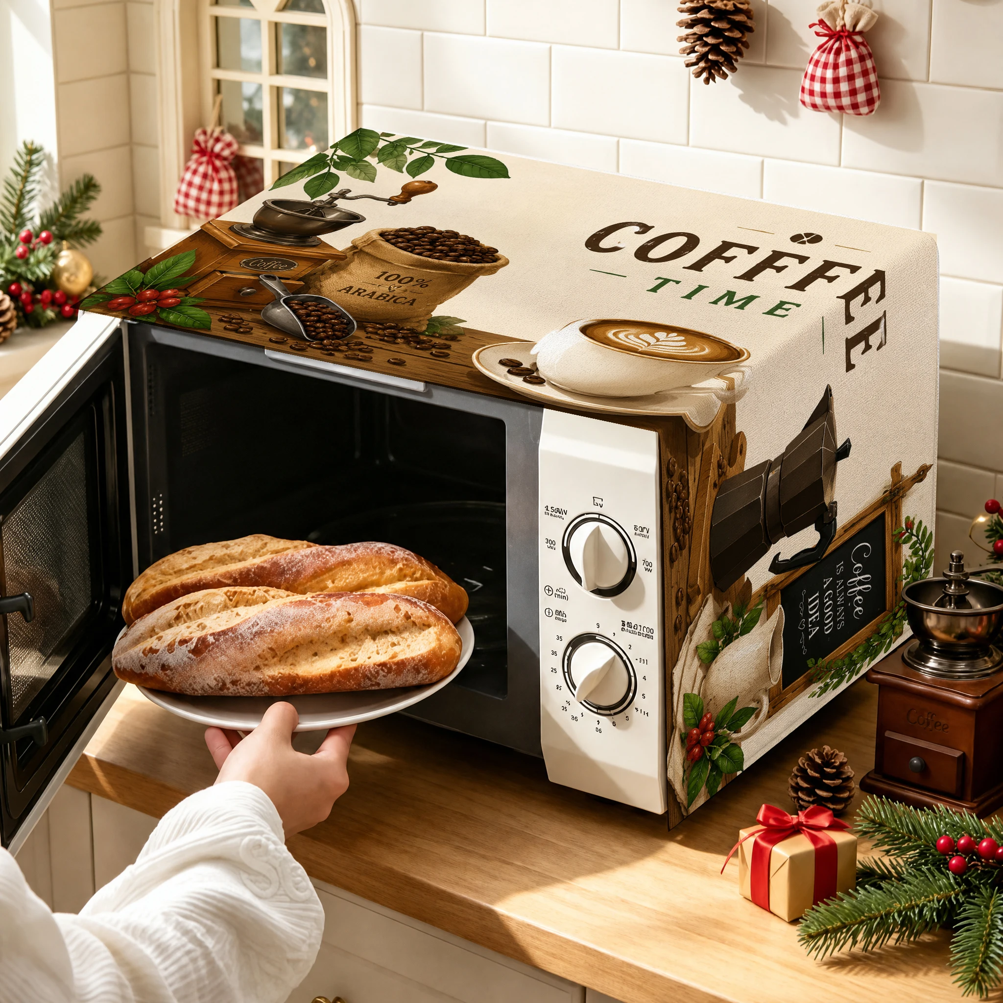 1pc Vintage Coffee & Christmas Style Microwave Oven Cover Dust Protector for Kitchen Decor