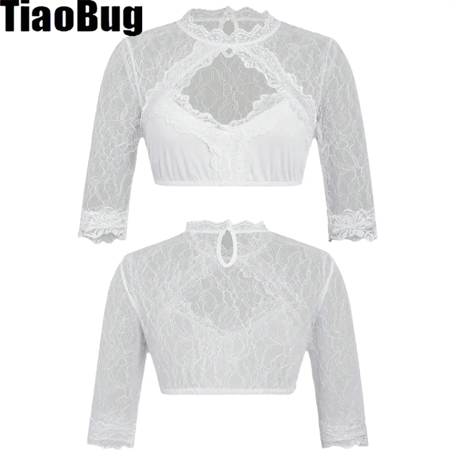 

Womens Dirndl Blouse Floral Lace Tops Half Sleeve Front Hollow-out Crop Top Bavarian Oktoberfest Costume for Party Daily