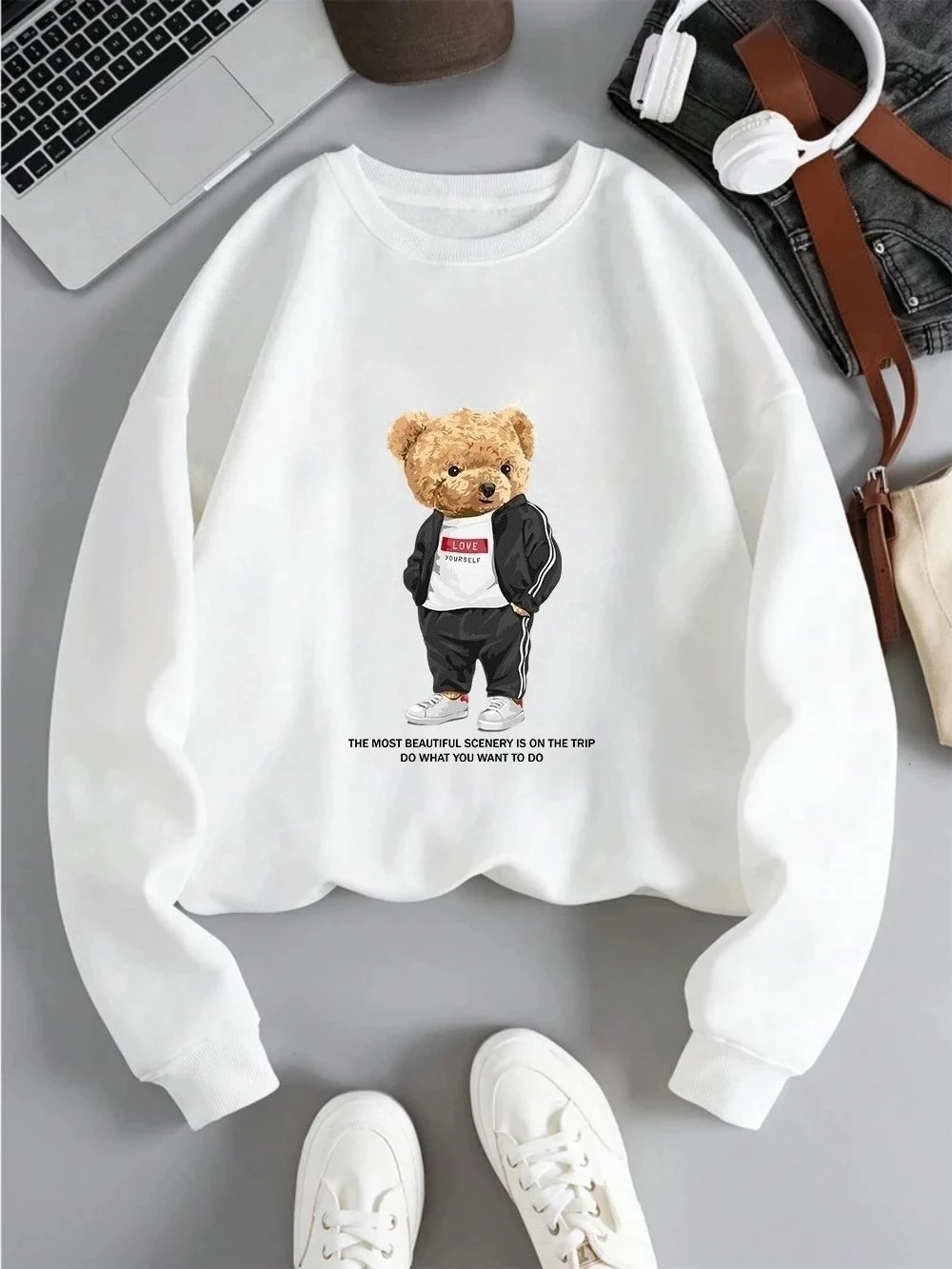 Moda feminina moletom califórnia los angeles carta urso impresso pulôver macio respirável solto hoodie outono streetwear