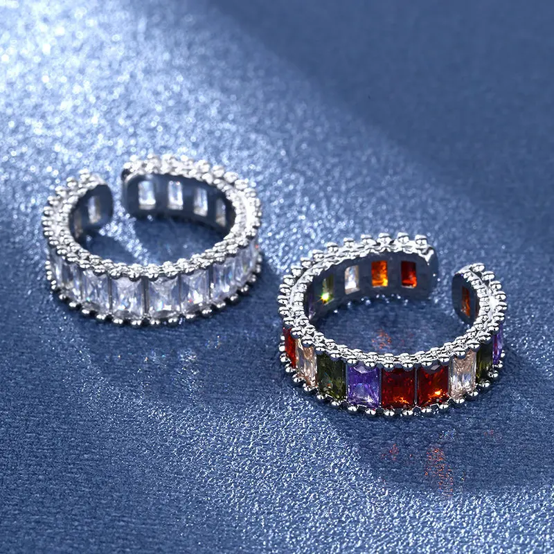 

New Open Ring Rainbow Multicolor Cubic Zircon Trendy Silver Beaded Edge Design for Women's Fashion Party Wedding Jewelry