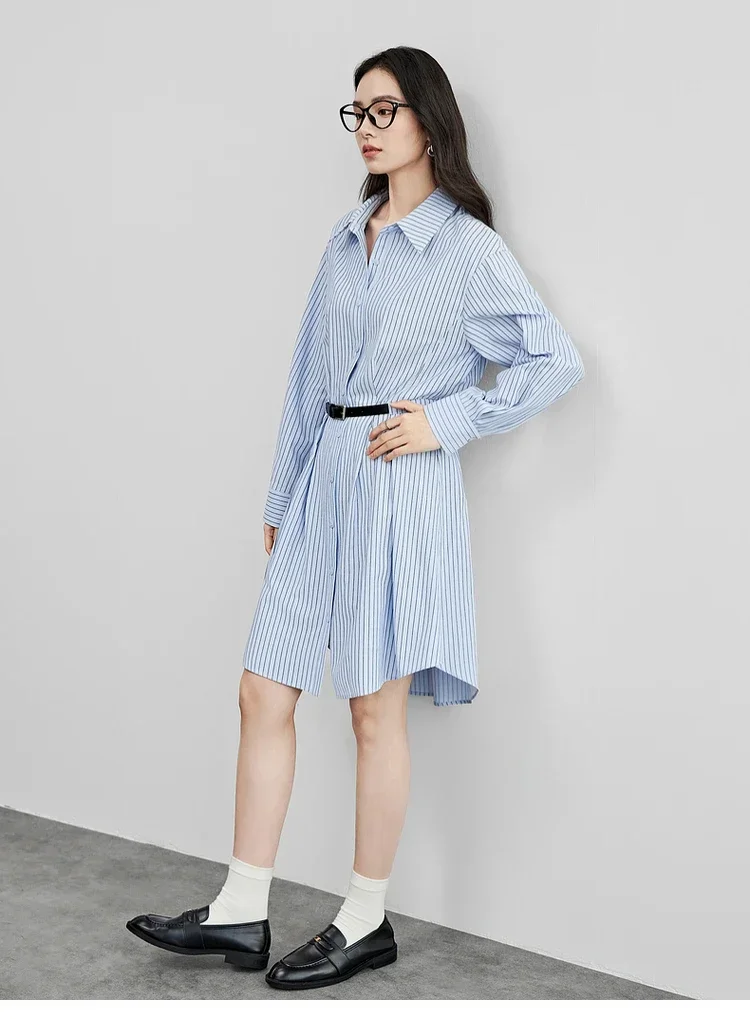 فساتين SENTUBILA النسائية المخططة للمكتب للسيدات على شكل حرف a من القطن بياقة مقلوبة وأكمام طويلة فستان ميدي مع حزام 2025 151L58148 #5