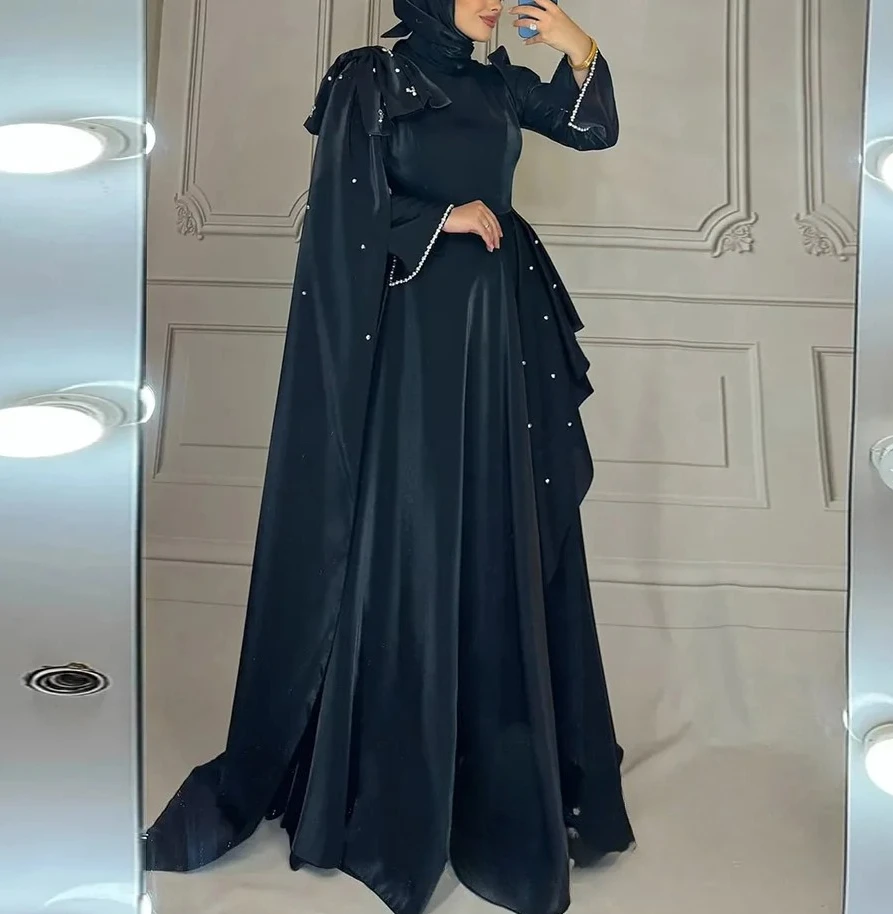 فستان سهرة عربي مخصص متواضع برقبة عالية وأكمام طويلة وكشكشة لؤلؤية على شكل حرف A فساتين حفلة موسيقية جودة عالية