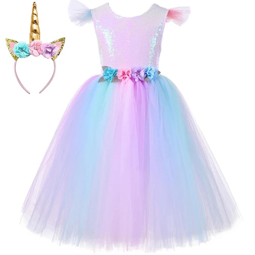 Pastel Sequins Flowers Girls Unicorn Dress for Kids Party Ball Gown Girl Birthday Tulle Princess Tutu Dress Children Costumes