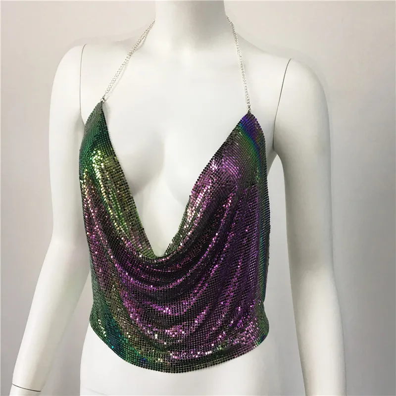 

Long Style Crop Top Sexy Backless Sequin Shiny Women Party Club Spaghetti Strap Sling Halter Tops Summer Women's Outfits Trend