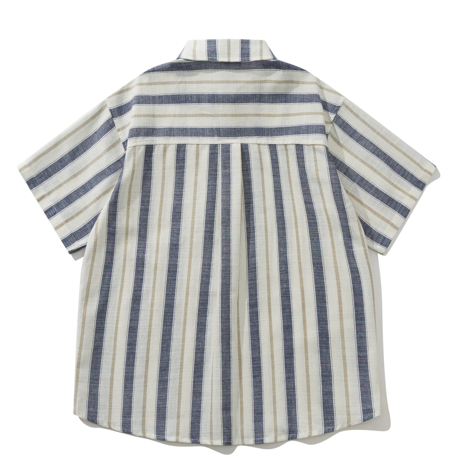 Summer Japanese Retro Amekhaki Striped Pocket Patchwork Workwear Shirt Men and Women's Loose Five