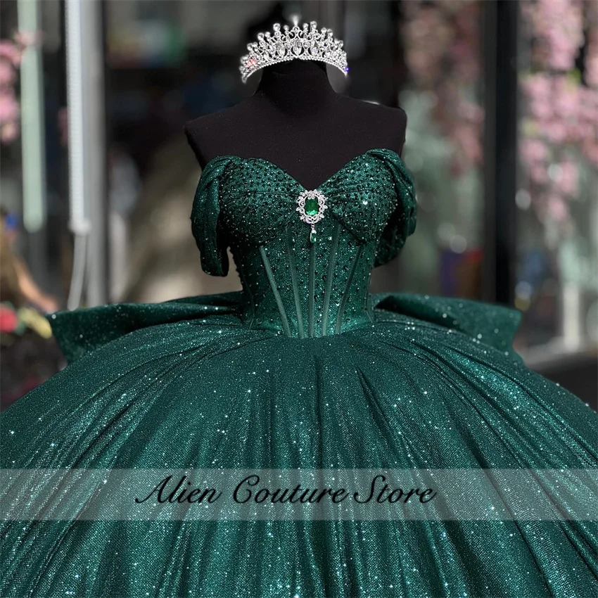 Glitter Emerald Green Diamonds Quinceanera Dresses Princess Pearls Corset Applique Vestidos 15 Quinceañera Lace-up Customized