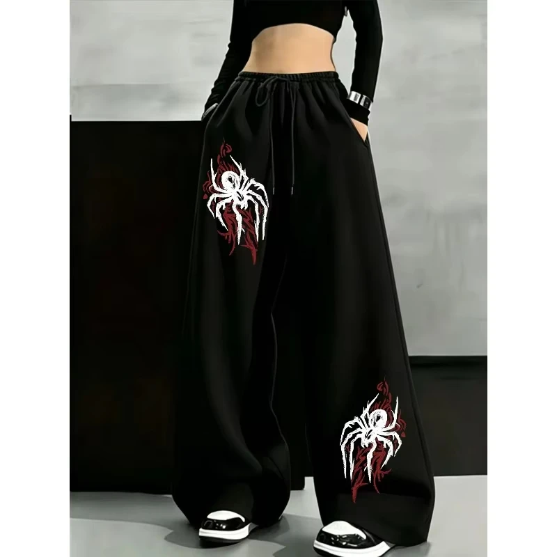 Men Women Straight‑Leg Pants,3D Spider Flame Graphic Print Quick Dry Trousers,Elastic Drawstring Waist Y2K Street Sports Pants