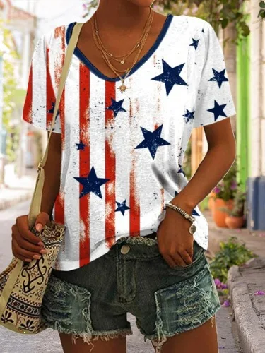 Summer Star Stripe 3D Print T-Shirts Women's Casual Short Sleeve V-Neck T Shirt Top Y2k Harajuku Tees Female Streetwear Clothing