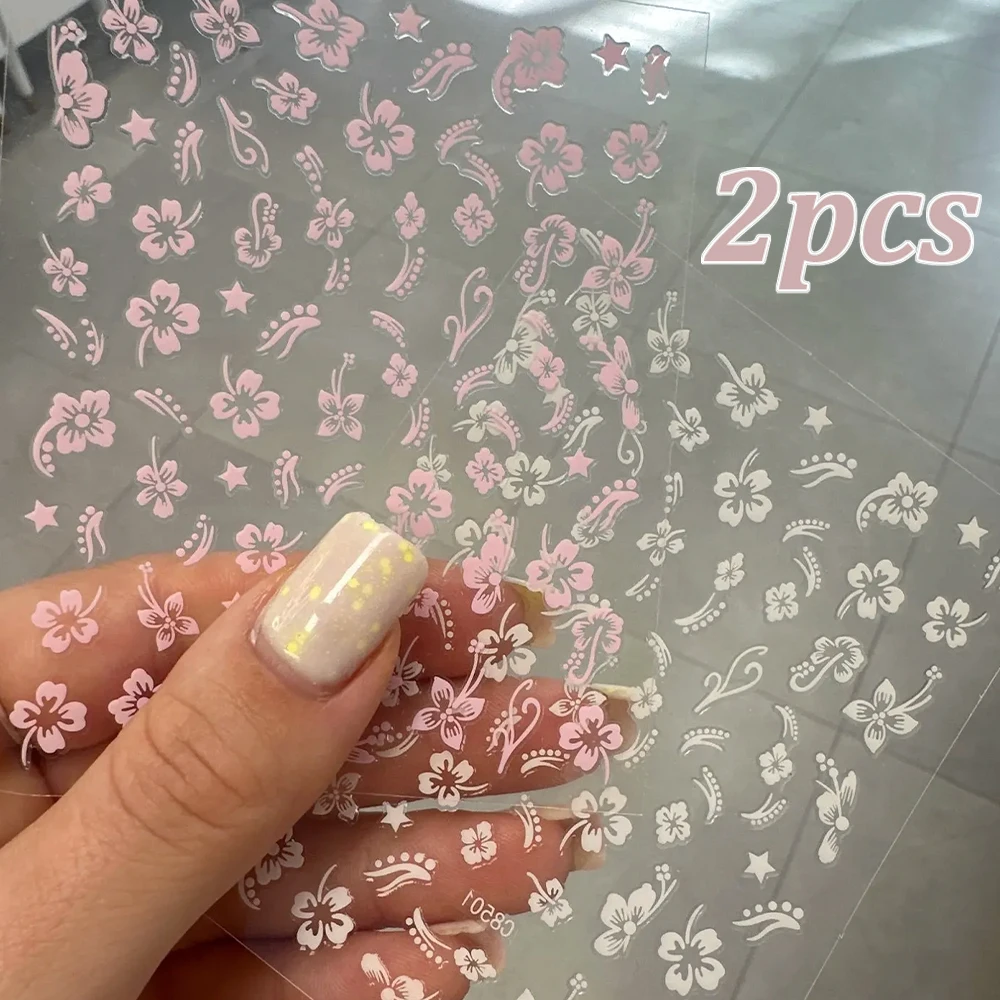 

2Sheets 3D Hibiscus Flowers Nail Sticker Pink White Y2k Self-Adhesive Hibiscus Floral Nail Art Supplies Decal DIY Manicure Decor