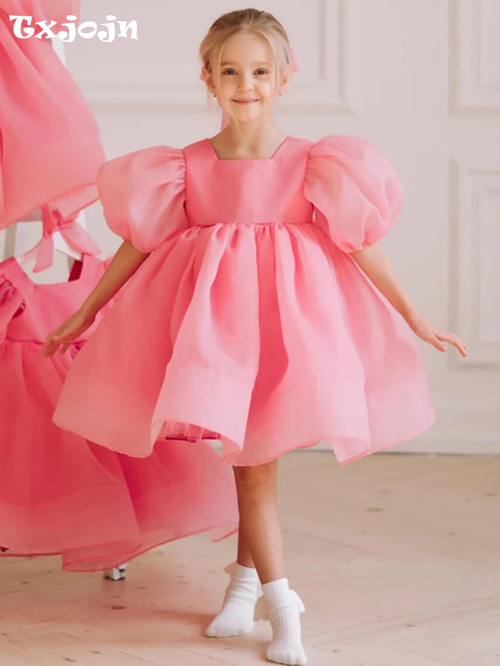 Fashionable Puffy Tulle Princess Gown Wedding Flower Girl Dress Cute Puff Sleeve Knee-length Kids Dresses Customized 2025