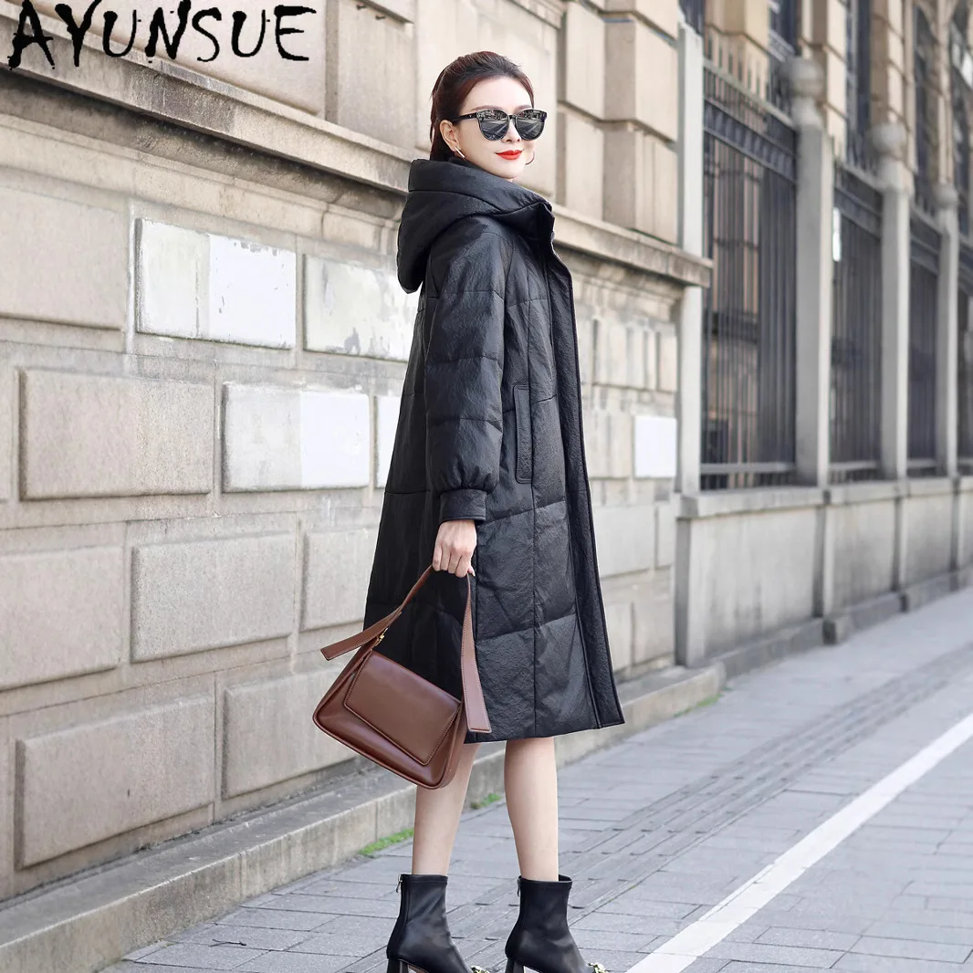 AYUNSUE Echte Schaffell Echtes Leder Jacke Frauen Winter Kleidung 90 % Weiße Ente Unten Damen Mantel 2025 Hoodie Neu in Outer