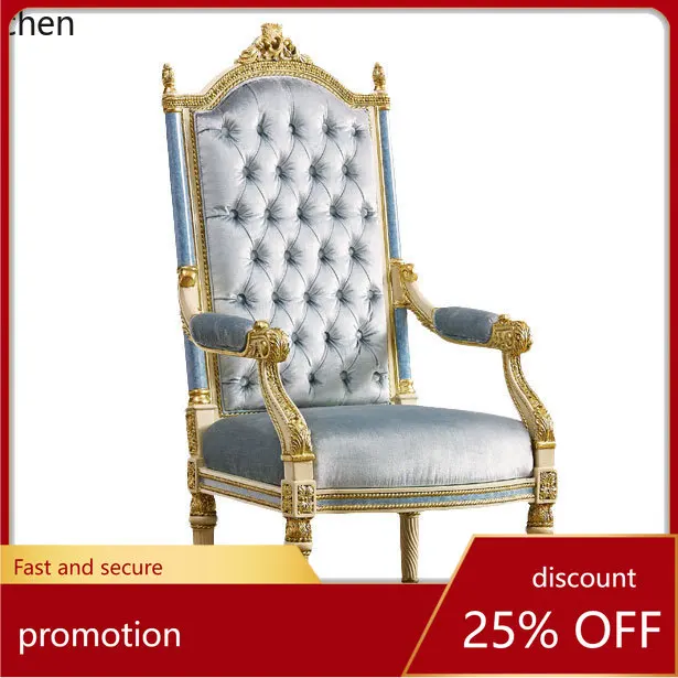 CZ Solid Wood Dining Chair High Backrest Leather Full Solid Wood Armrest Home Use gold Carved Dining Stool