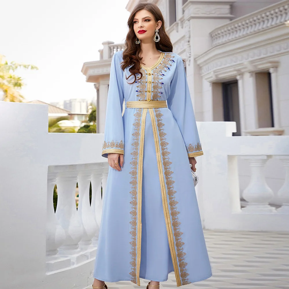 

Luxurious Beads Kaftan Dresses Women Dubai Embroidery Elegant Long Sleeve Muslim Abaya Islam Turkey Jellaba Moroccan Long Dress