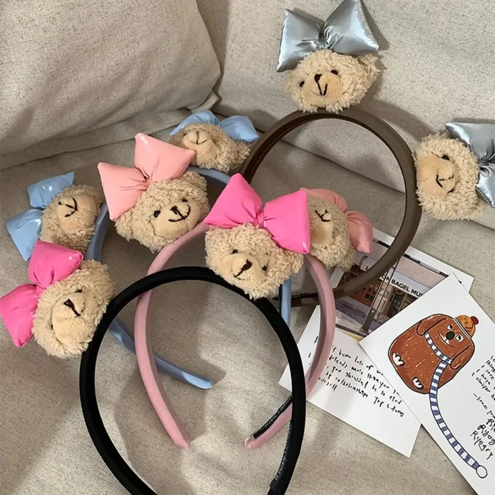 Diadema de oso pequeño con lazo dulce, muñeca de felpa para lavado de cara, diadema de felpa de dibujos animados, tocado bonito, aro para el pelo de oso, maquillaje