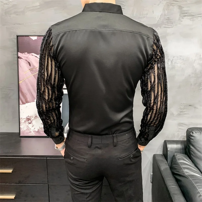 Camisa de vestir blanca sexi para hombre, manga larga, ajustada, transparente, para fiesta, cantante, disfraz de escenario Punk, camisa de esmoquin