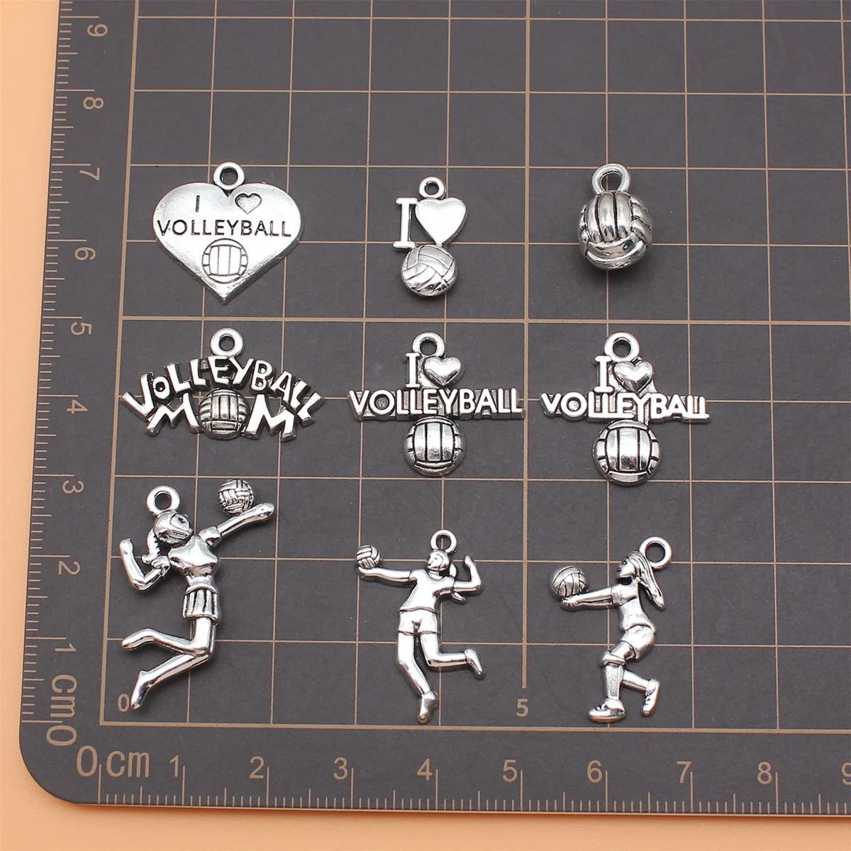 9pcs Antique Silver Color Volleyball Charms Collection For DIY Jewelry Making, 9 Styles, 1 of Each