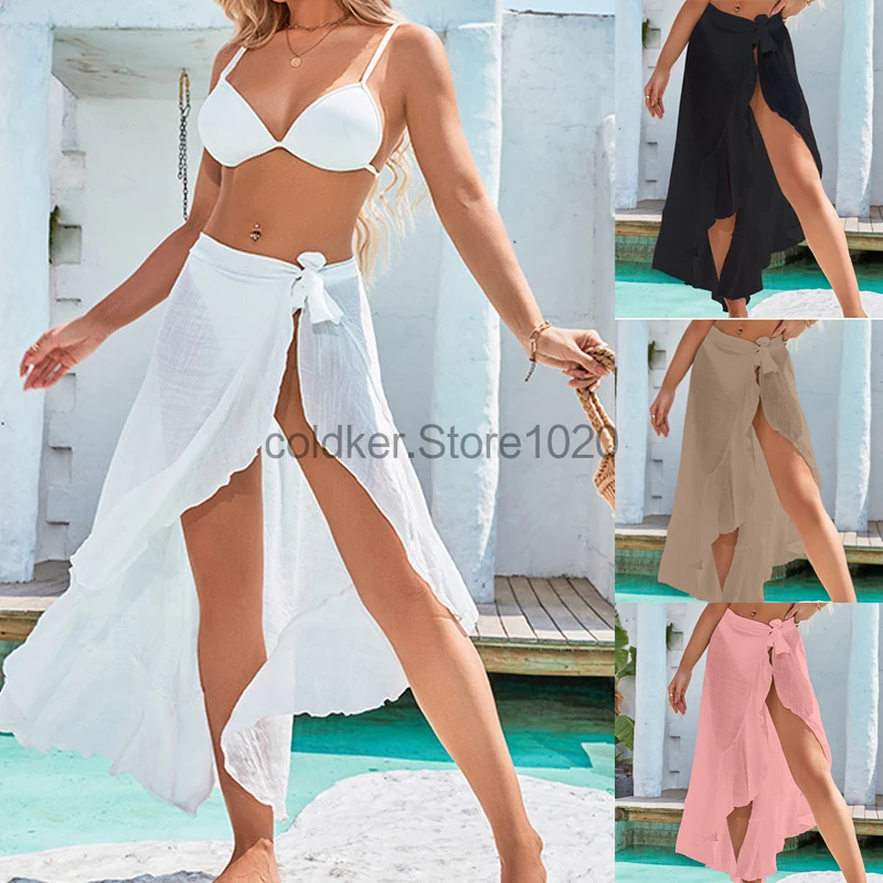 

2024 New Women's Sexy Beach Long Skirt Sarong Swimsuit Coverups Black White Summer Bikini Wrap Sheer Scarf For Swimwear Cover-Up