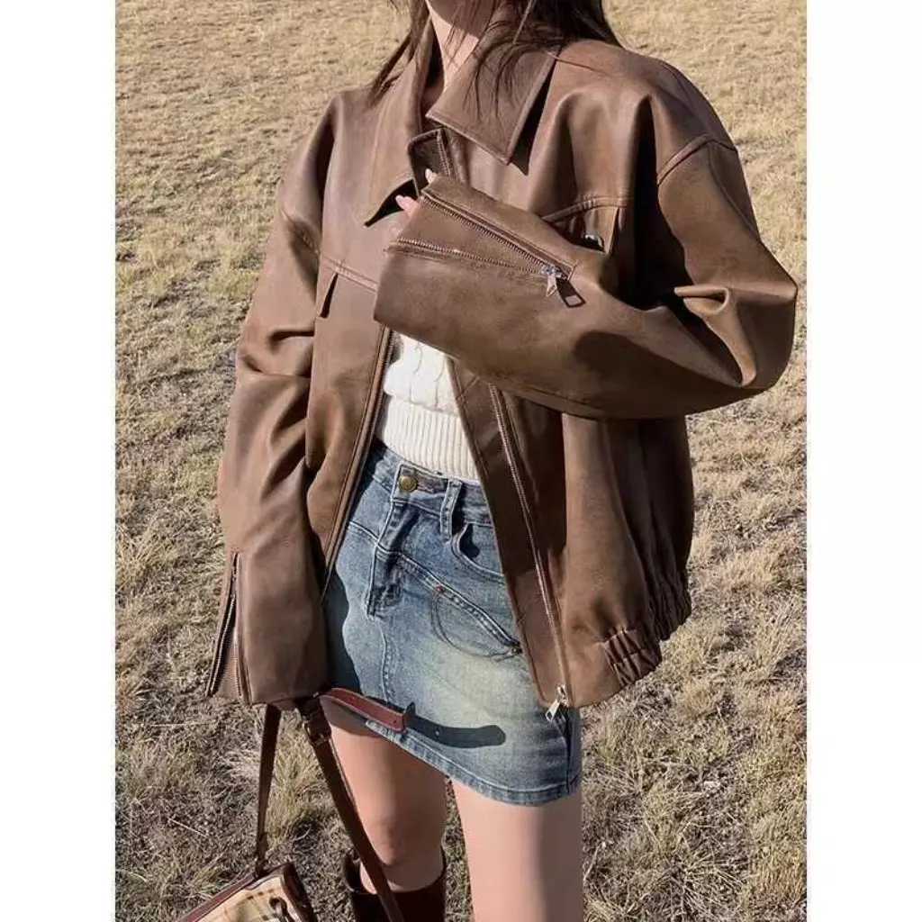 Women's Brown Leather Jacket Retro American Motorcycle Style for Small Sizes Spring/Fall New Arrival