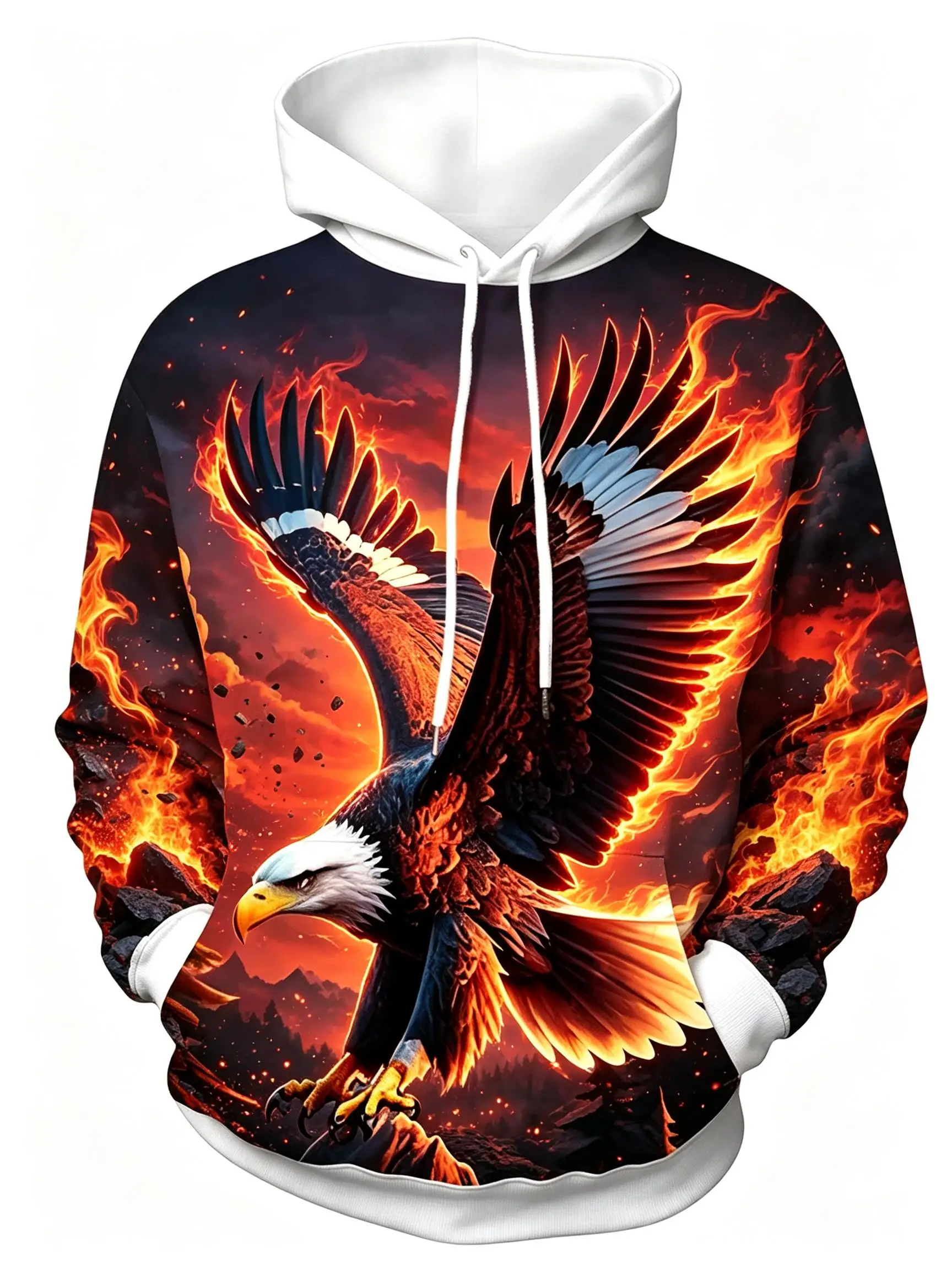 Men's Hoodie Thin Autumn Winter Trend Flame Bald Eagle Nature Art Print Long Sleeve Male Casual Sweatshirt Tops Clothes