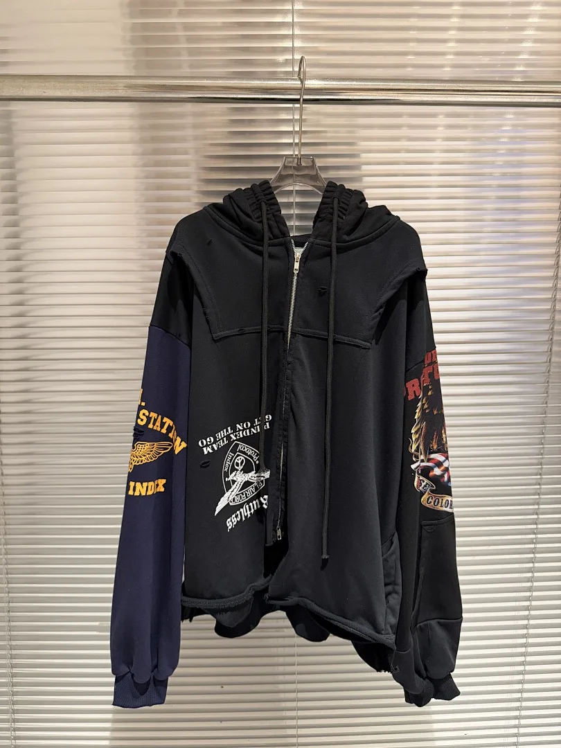 Fashion Brand 25FW Reversed Patchwork Zip Up Hoodie Vintage Distressed Destroyed Oversized Streetwear Hoodie Men Women