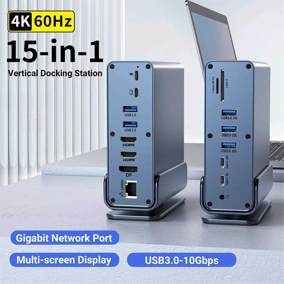 محطة إرساء USB-C جديدة 15 في 1 محور عمودي 4K HD مع شاشة ثلاثية، RJ45 1000M، USB 3.0/2.0، PD 3.0، SD/TF لأجهزة الكمبيوتر المحمول