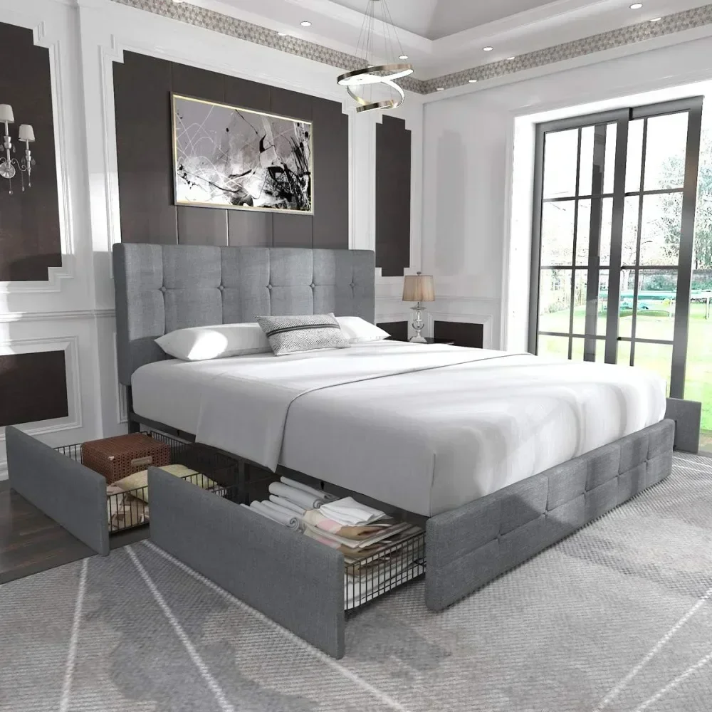 

Queen Size Bed Frame with 4 Storage Drawers and Headboard, Square Stitched Button Tufted, No Box Spring Needed, Queen Bed Frame