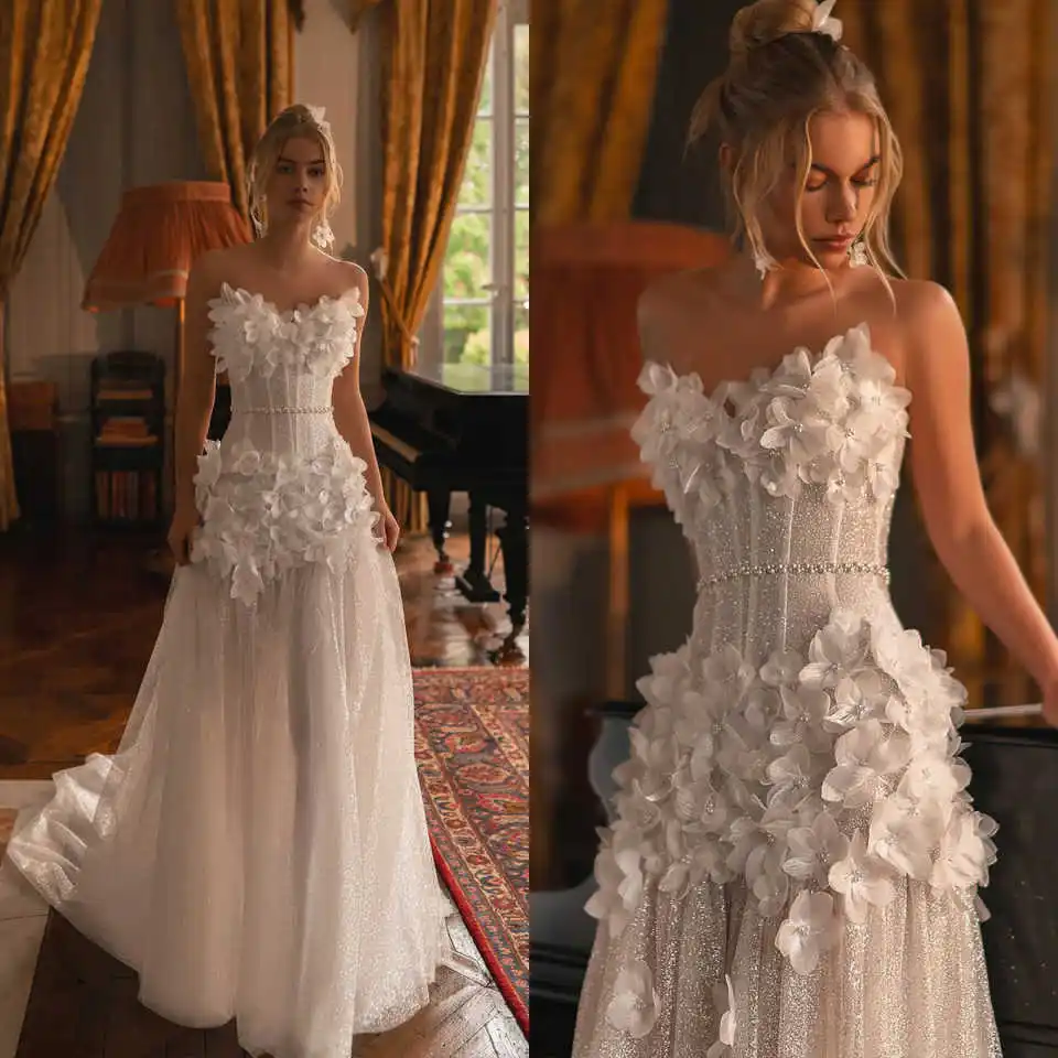 

Glitter A Line Wedding Dresses Sleeveless 3D Flowers Pearls Bridal Dresses Sweep Train Beadeds Formal Bridal Gowns Customized