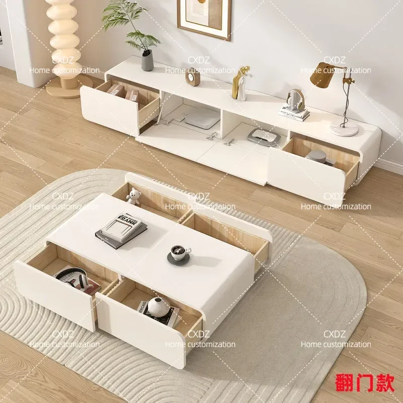 Solid Wood TV Cabinet and Coffee Table Combination Modern Simple Design for Small Apartments Painted Floor Standing Unit with