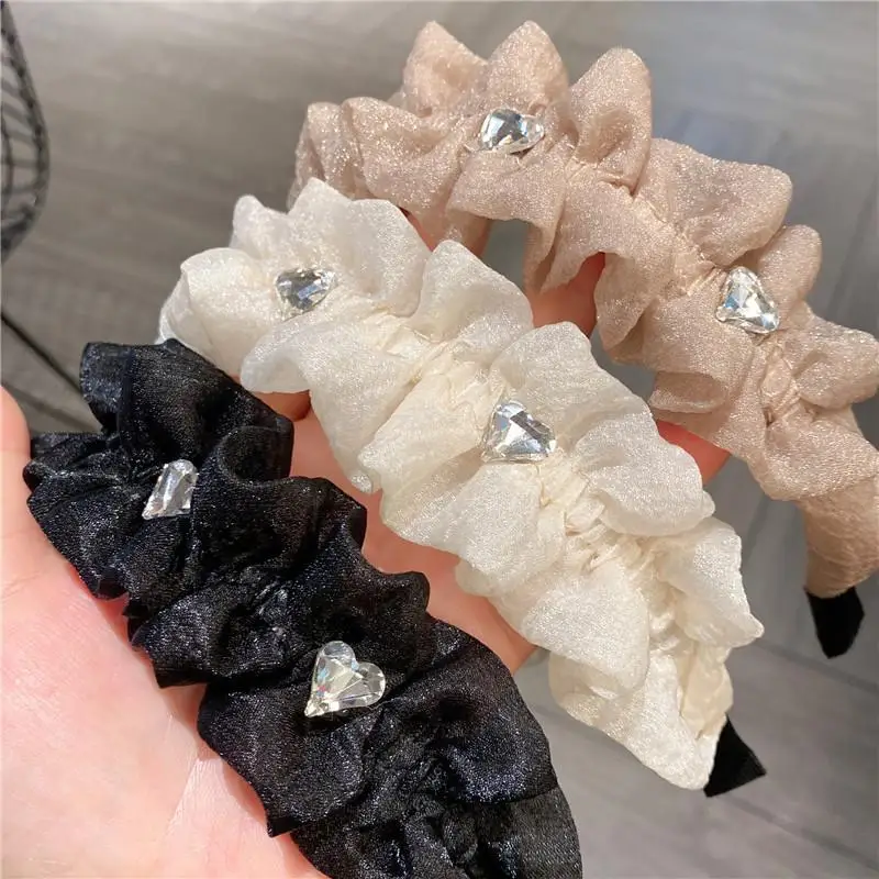 عصابة رأس شبكية مطوية - رباط شعر نسائي من حجر الراين اللامع، لون خالص ومتعدد الاستخدامات لغسل الوجه اليومي/الوجه