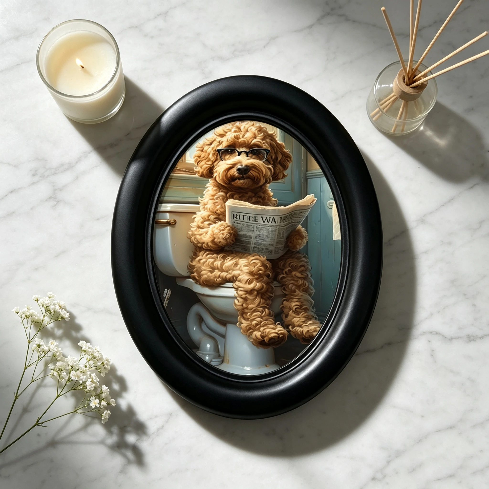 Dog Diamond Painting Cat Toilet Cartoon Wooden Elliptical Photo Frame, Perfect for Home & Holiday Decoration, Great Gift Choice