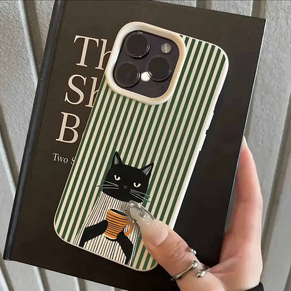 Lustiges Kaffee-Katzen-Muster Lychee Soft Handyhülle für iPhone 17 16 15 14 13 12 11 Pro Max 15 Plus 17 Air X Xs XR Stoßfeste Hülle