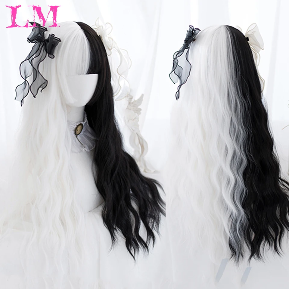 

LM Long Water Wave Wig with Bangs White Black Cosplay Silky Wig for Women Daily Party Natural Soft Synthetic Hair Heat Resistant