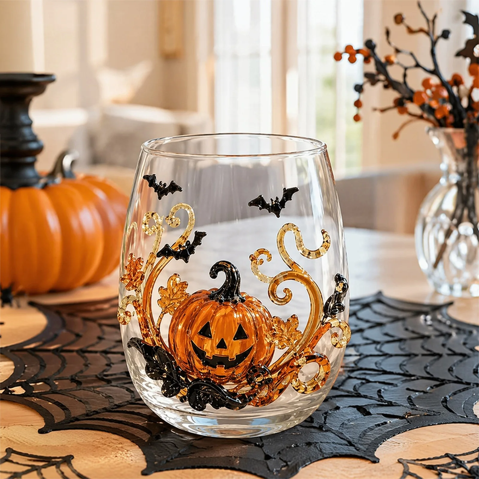 3D Halloween Artisan Glassware Collection with Raised Details Spooky Candlelit Party Glass Manual Stemless Wine Glasses