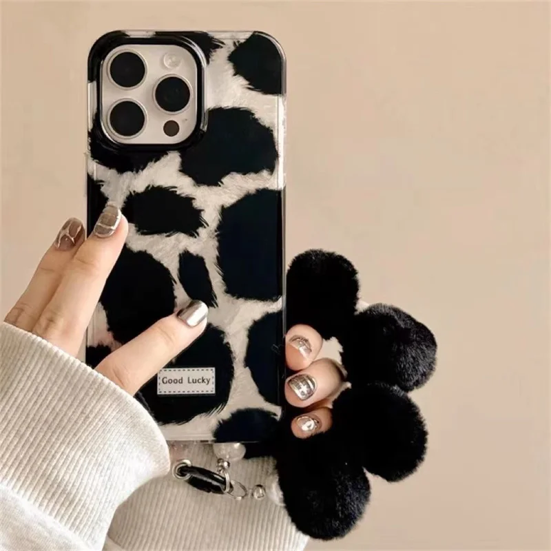 Вихревой принт IND крутой стиль черный чехол для телефона с леопардовым принтом и черным плюшевым ремешком для iPhone 11, 12, 13, 14, 15, 16, 17 Pro Max