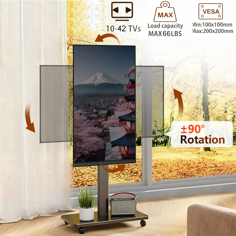 

Portable Mobile TV Cart on Wheels for 10"-42" TVs Landscape to Portrait Rotating 90°Swivel Height Adjustable TV Cart TV Stand