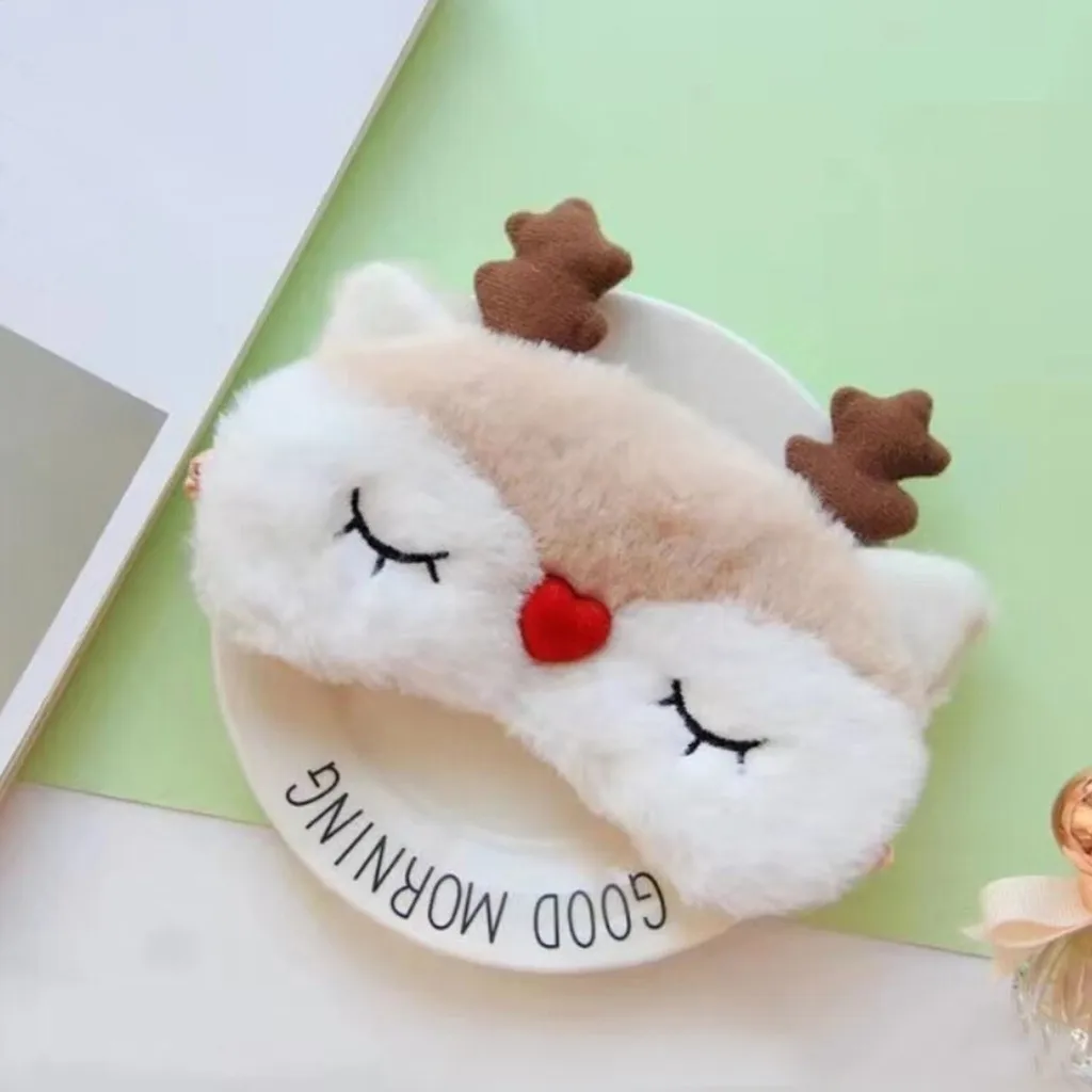 Cute Animal Eye Cover Sleeping Mask Eyepatch Bandage Blindfold Christmas Deer Winter Cartoon Nap Eye Shade Plush Sleeping Mask