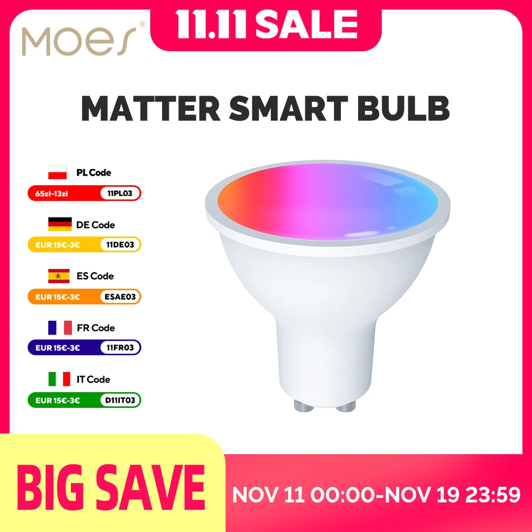 yZ[zMOES Tuya Matter WiFi GU10 X}[gd\ LED Cg 1600  RGB C+W J[Lhv Alexa Google z[