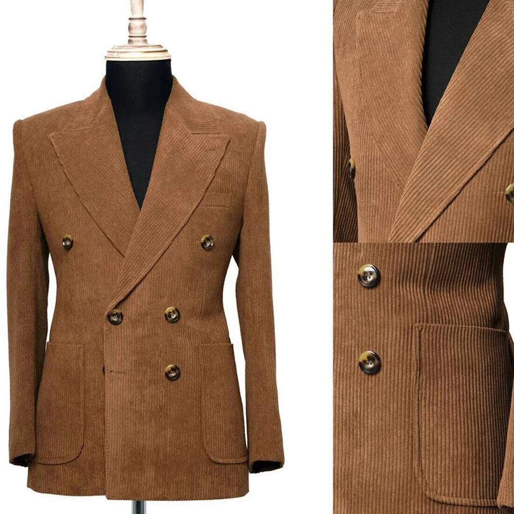 

Vintage Brown Men Suits Corduroy Peak Lapel Prom Blazers Customized Double Breasted Jacket Groom Tuxedo 1 Piece Man Dinner Coat