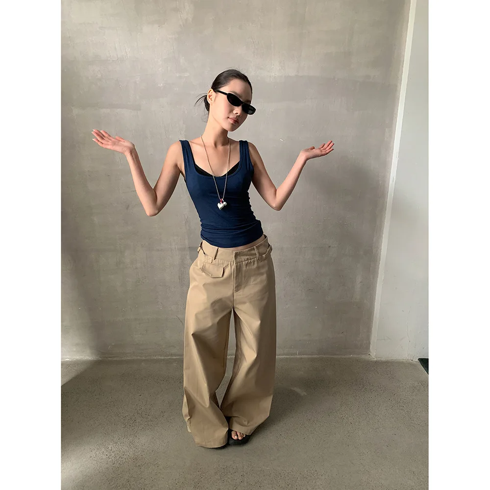 سراويل كاجوال واسعة الساق للركاب على الطراز الأمريكي سراويل بدلة نسائية لضبط حزام الربيع 2025 #2