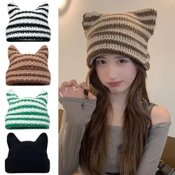 Devil Ear Striped Beanie Hat Women Contrast Cute Devil Horns Hat Girls Handmade Crochet Winter Warm Ski Cap Halloween Gift