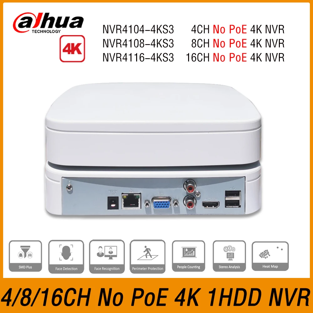 Dahua NVR4104-4KS3 NVR4108-4KS3 NVR4116-4KS3 4/8/16CH Smart Lite Network Video Recorder Security Camera AI NVR Onvif SMD Plus