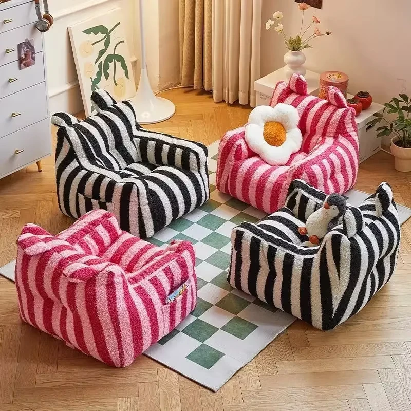 Household Small Bean Bag Sofas Soft Plush Fabric Kids Couch Sofa Children Balcony Corner Stool Lightweight Striped Cartoon Seat