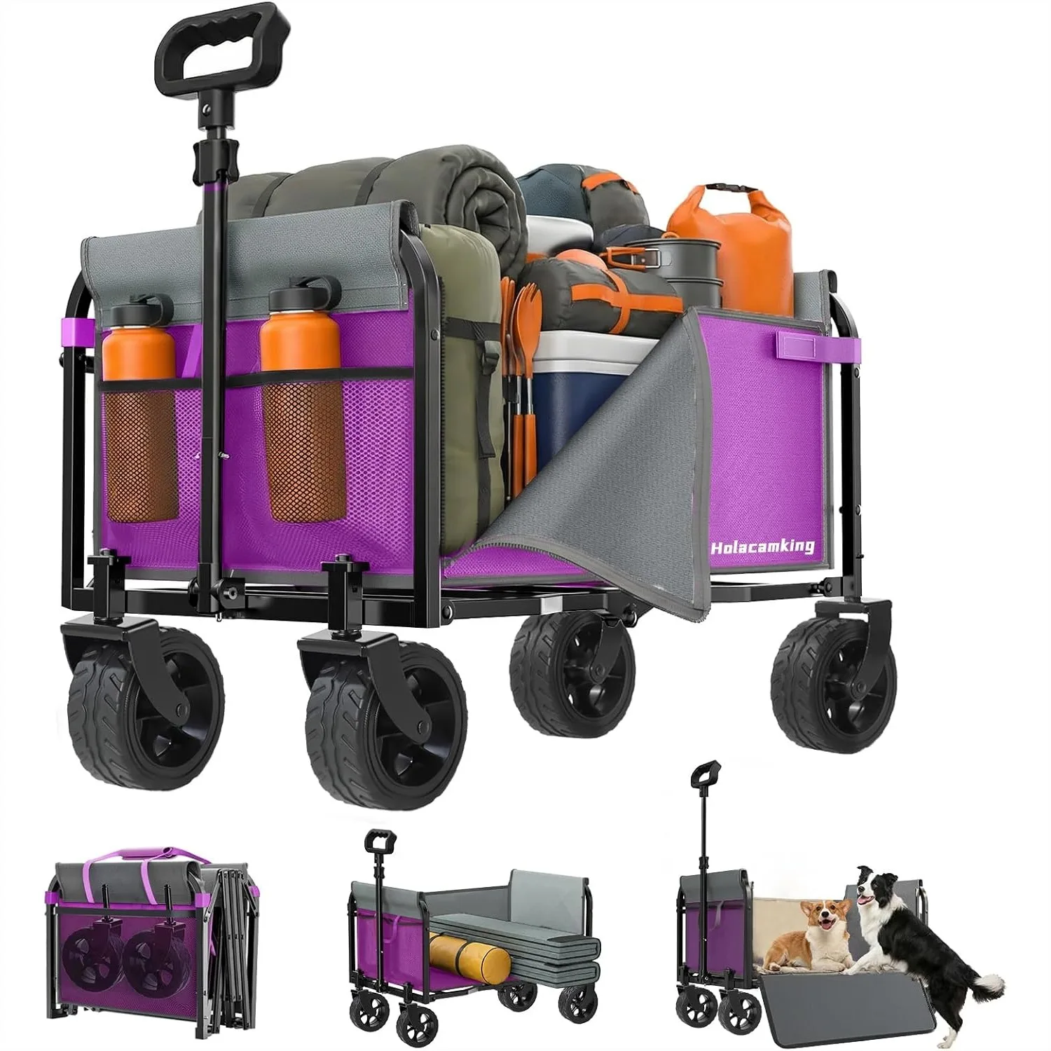 

Collapsible Wagon Cart with Removable Side, 220 lbs Capacity Folding Utility Wagon for Camping Beach Grocery Shopping