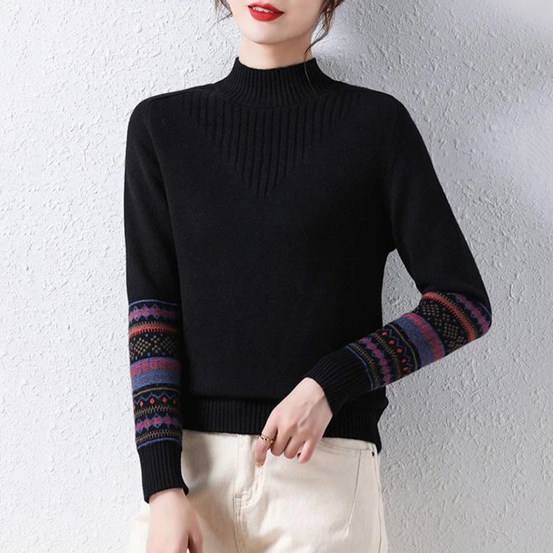 Fall Winter Mock Neck Vintage Print Sweater For Women Short Casual Crochet Long Sleeve Tops Korean Loose Basic Knitted Pullover