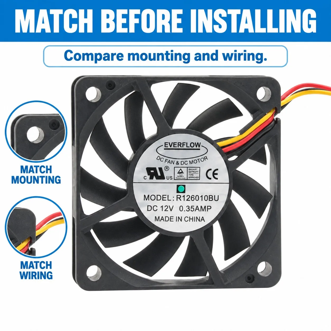R126010BU DC Cooling Fan 60x60x10mm 6010 12V 0.35A 5000RPM Tachometer Dual Ball Bearing 3-Pin