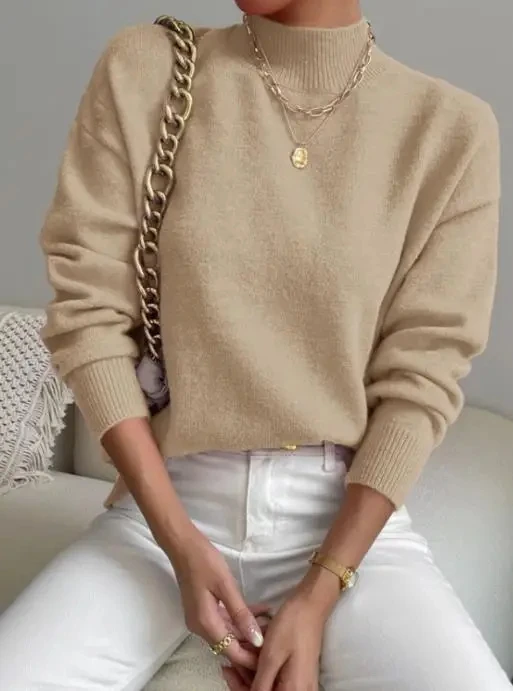 

Women Pullovers Tops Autumn and Winter Semi High Neck Pullover Long Sleeve Sweater Women's Fashion Solid Color Loose Knit Top