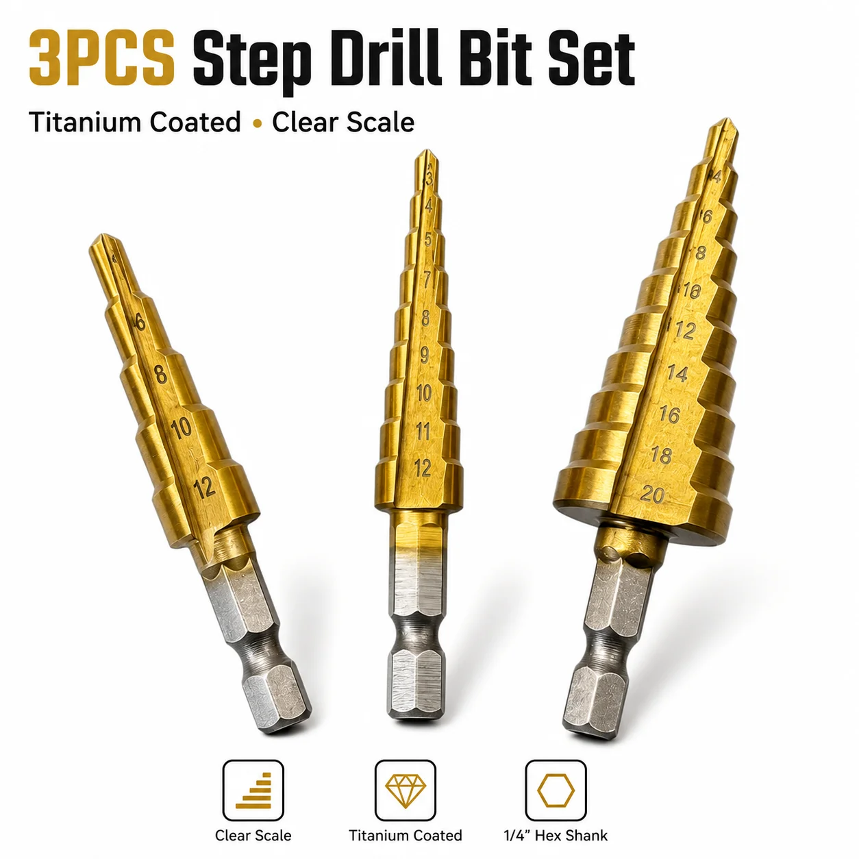 3Pcs Titanium Coated Step Drill Bit Set 3-20mm, 1/4
